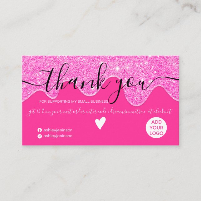 Chic neon pink glitter drips blush order thank you business card (Front)