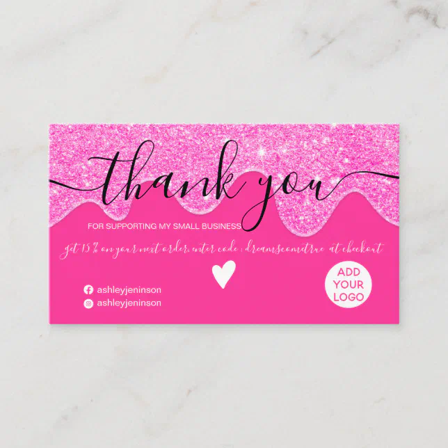 Chic neon pink glitter drips blush order thank you business card | Zazzle