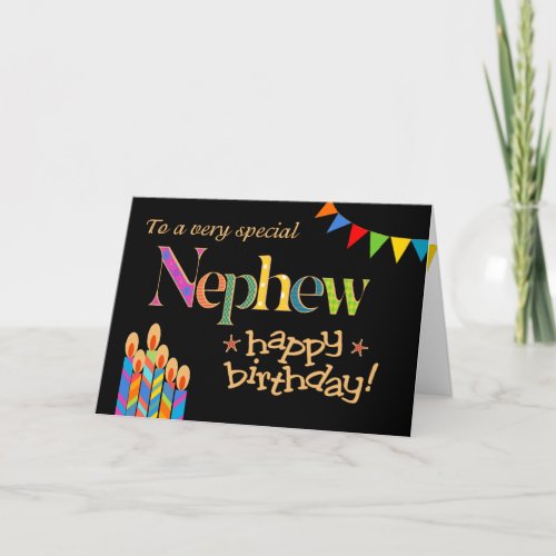 Chic Nephew Candles and Bunting on Black Birthday Card