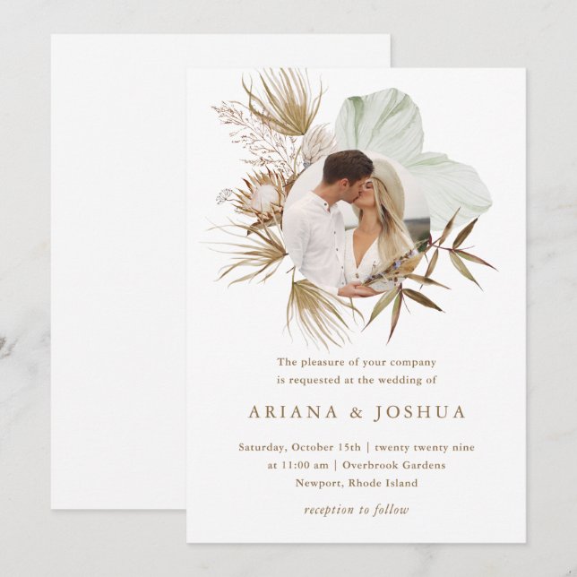 Chic Neutral Boho Wreath Photo Wedding Invitation (Front/Back)