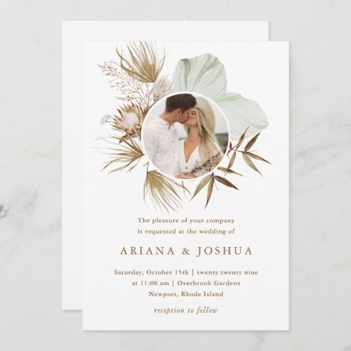 Chic Neutral Boho Wreath Photo Wedding Invitation