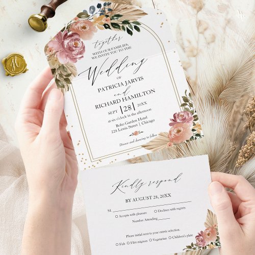 Chic Neutral Colors Boho Floral Wedding All In One Invitation