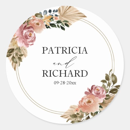 Chic Neutral Colors Boho Floral Wedding Classic Round Sticker