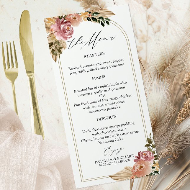 Chic Neutral Colors Boho Floral Wedding Menu Cards (Creator Uploaded)