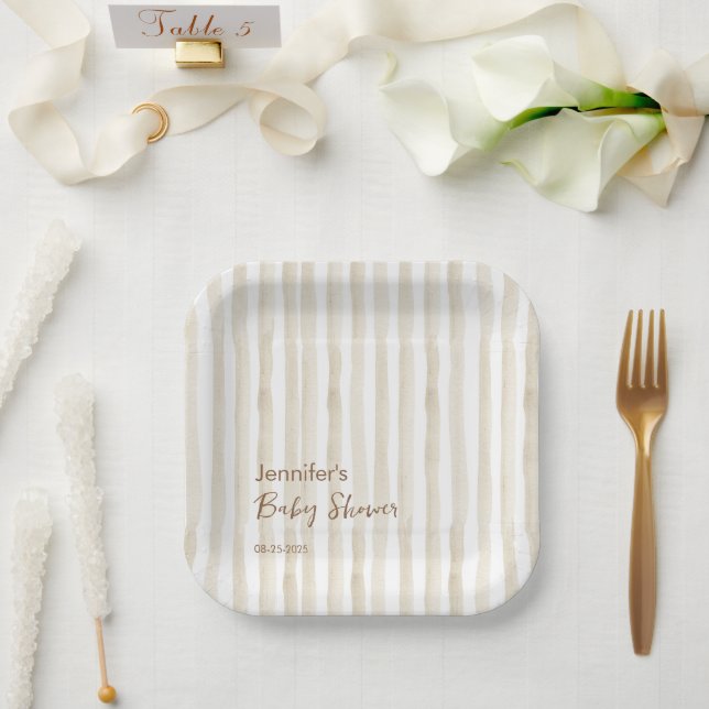 Chic Neutral Faded Stripe Modern Baby Shower Paper Plates (Wedding)