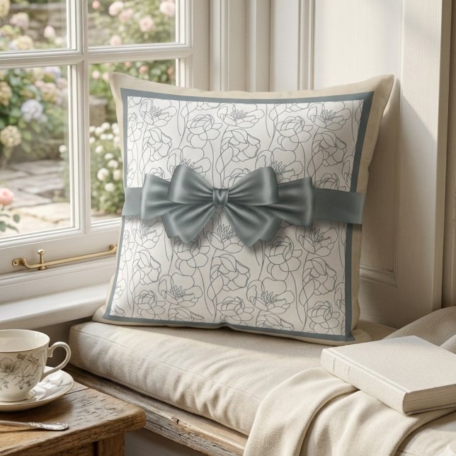 Chic Neutral Floral Croquet Bow Home Décor Throw Pillow (Warm champagne tones meet modern slate gray in this elegant croquet bow pillow.)