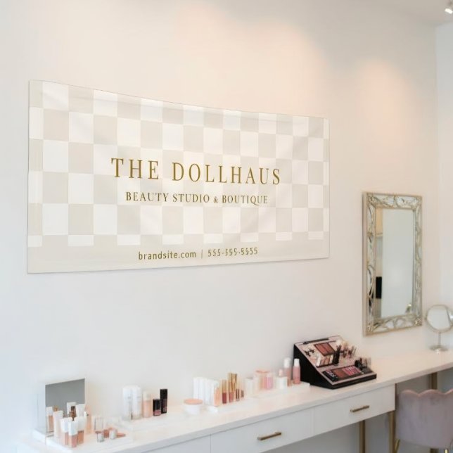Chic Neutral Tan Checkered Shop Name  Banner (Creator Uploaded)