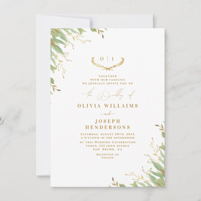  Chic Neutral Watercolor Floral Wedding Gold Foil Invitation (Front)