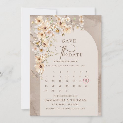 Chic neutral wildflowers boho arch calendar month save the date