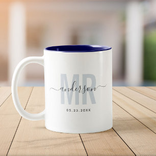 Chic New MR Custom Name Wedding Date Blue Two-Tone Coffee Mug
