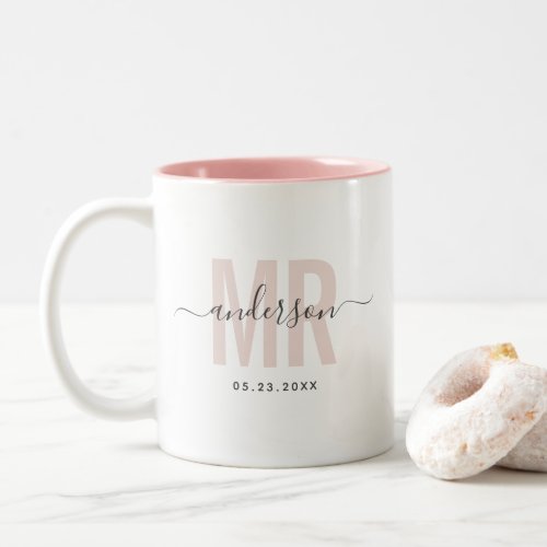 Chic New MR Custom Name Wedding Date Blush Two_Tone Coffee Mug