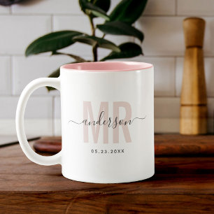 Chic New MR Custom Name Wedding Date Blush Two-Tone Coffee Mug