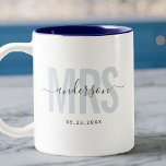 Chic New MRS Custom Name Wedding Date Blue Two-Tone Coffee Mug<br><div class="desc">Cute,  modern coffee mug saying MRS in modern typography in dusty blue with your family name in trendy script calligraphy on a two-toned coffee mug. Loving the pink interior but available in many more colors.</div>