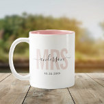 Chic New MRS Custom Name Wedding Date Blush Two-Tone Coffee Mug<br><div class="desc">Cute,  modern coffee mug saying MRS in modern typography in blush pink with your family name in trendy script calligraphy on a two-toned coffee mug. Loving the pink interior but available in many more colors.</div>