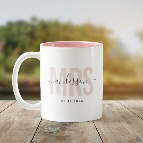 Chic New MRS Custom Name Wedding Date Blush Two_Tone Coffee Mug