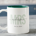 Chic New MRS Custom Name Wedding Date Sage Green Two-Tone Coffee Mug<br><div class="desc">Cute,  modern coffee mug saying MRS in modern typography in sage green with your family name in trendy script calligraphy on a two-toned coffee mug. Loving the pink interior but available in many more colors.</div>