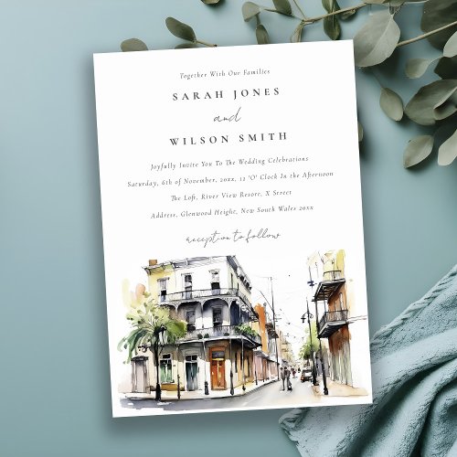 Chic New Orleans Louisiana Watercolor Wedding Invitation