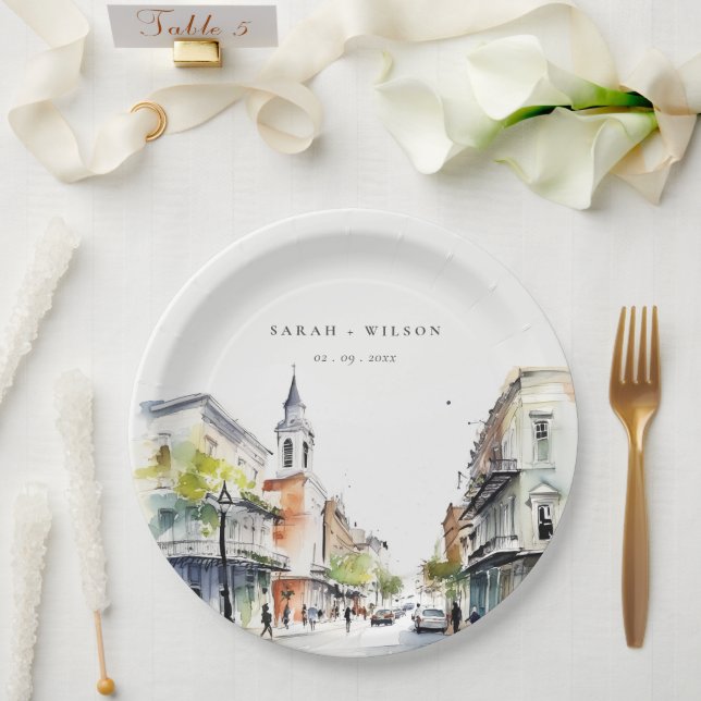 Chic New Orleans Louisiana Watercolor Wedding Paper Plates (Wedding)