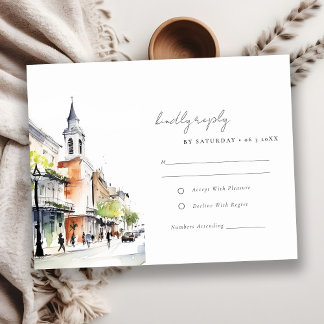 Chic New Orleans Louisiana Watercolor Wedding RSVP Card
