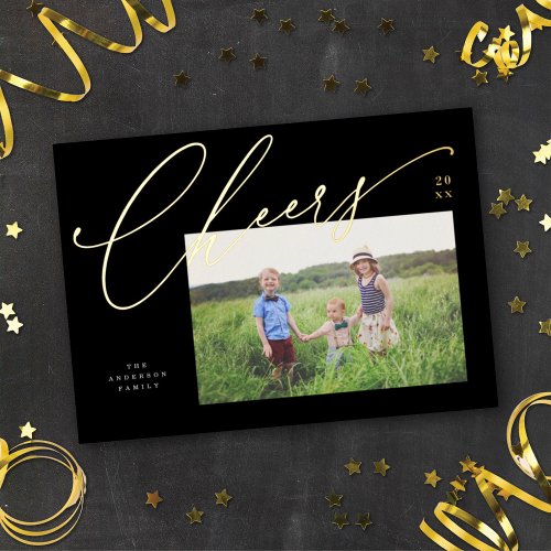 Chic New Year Cheers Script Photo Black Gold Foil Holiday Card
