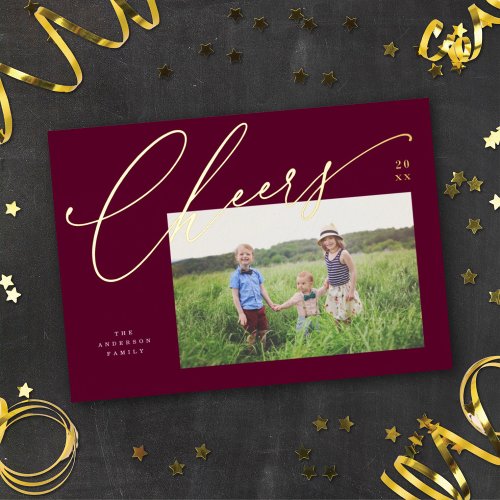 Chic New Year Cheers Script Photo Burgundy Gold Foil Holiday Card