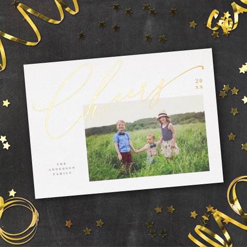 Chic New Year Cheers Script Photo White Gold Foil Holiday Card