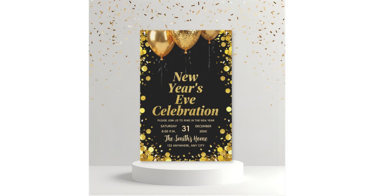 Chic New Year' Eve Party Gold Glitter Black Invitation | Zazzle