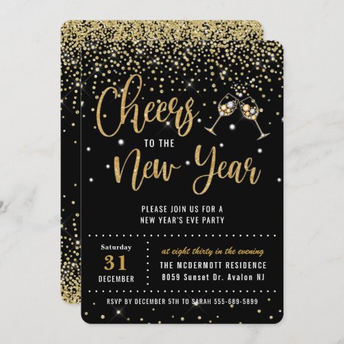 Chic New Years Eve Party Black Gold Glitter Invit Invitation