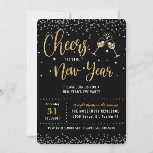 Chic New Years Eve Party Black Gold Glitter Invitation