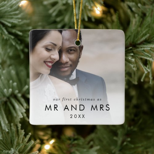 Chic Newlywed First Christmas Wedding Photo Ceramic Ornament