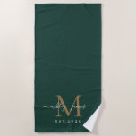 Chic Newlywed Gold Monogram Script Dark Green Beach Towel<br><div class="desc">Chic dark green beach towel with your gold monogram, year established and names in elegant handwritten script calligraphy and modern stylish typography. Perfect gift for the newlywed couple. Exclusively designed for you by Happy Dolphin Studio. If you need any help or matching products, please contact us through our store chat!...</div>