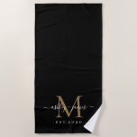 Chic Newlywed Gold Monogram Script Names Black  Beach Towel<br><div class="desc">Chic black beach towel with your gold monogram,  year established and names in elegant handwritten script calligra[hy and modern stylish typography. Perfect gift for the newlywed couple. Exclusively designed for you by Happy Dolphin Studio. If you need any help or matching products,  please contact us through our store chat!</div>