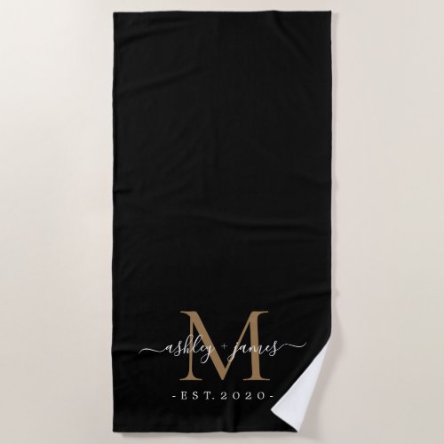 Chic Newlywed Gold Monogram Script Names Black  Beach Towel