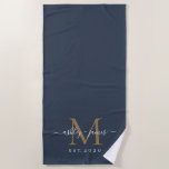 Chic Newlywed Gold Monogram Script Names Dark Blue Beach Towel<br><div class="desc">Chic dark blue beach towel with your gold monogram, year established and names in elegant handwritten script calligraphy and modern stylish typography. Perfect gift for the newlywed couple. Exclusively designed for you by Happy Dolphin Studio. If you need any help or matching products, please contact us through our store chat!...</div>