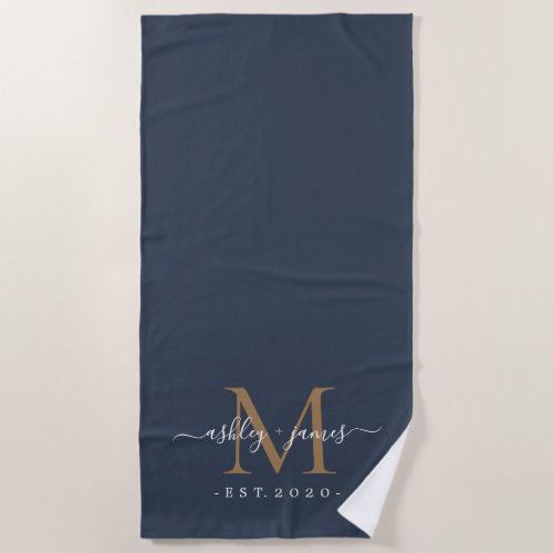 Chic Newlywed Gold Monogram Script Names Dark Blue Beach Towel