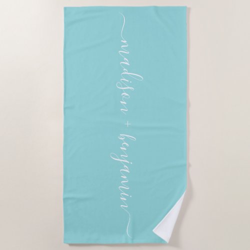 Chic Newlywed Monogram Names Blue Beach Towel