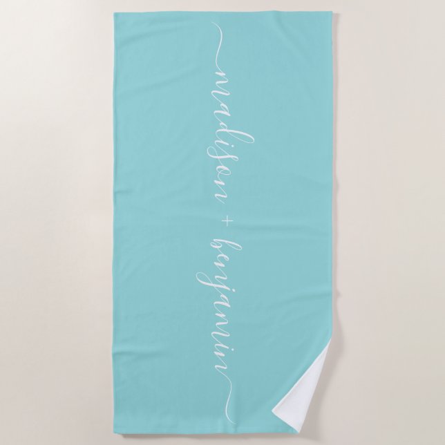 Chic Newlywed Monogram Names Blue Beach Towel (Front)