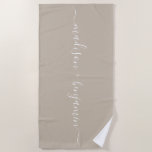 Chic Newlywed Monogram Names Gray Beach Towel<br><div class="desc">Chic monogrammed beach towel with the names of the newly weds in handwritten white elegant script calligraphy on a shiitake gray background. Simply add your names. Perfect gift for the newlywed couple or engaged couple. Exclusively designed for you by Happy Dolphin Studio. If you need any help or matching products,...</div>