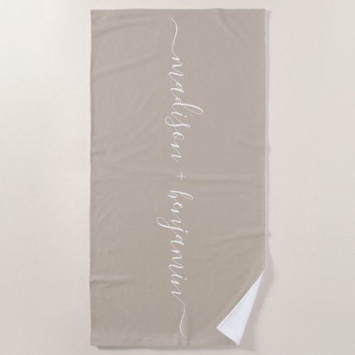 Chic Newlywed Monogram Names Gray Beach Towel