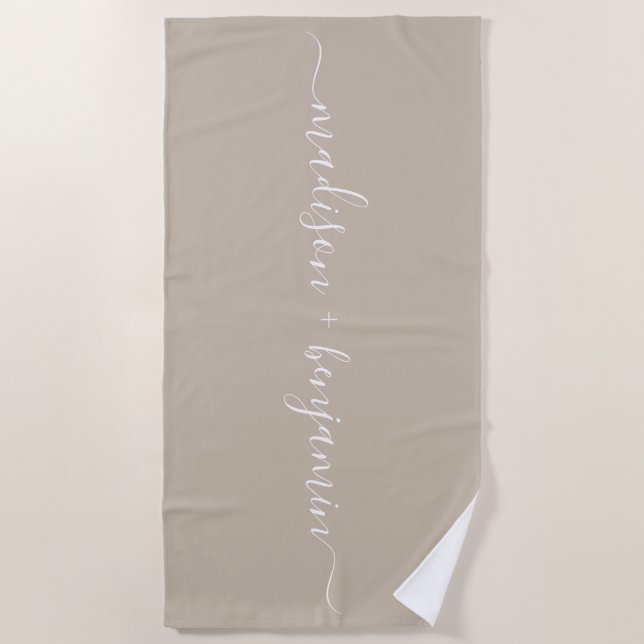 Chic Newlywed Monogram Names Gray Beach Towel (Front)
