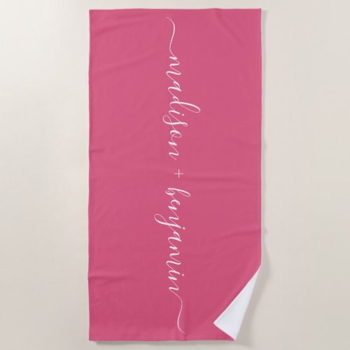 Chic Newlywed Monogram Names Hot Pink Beach Towel