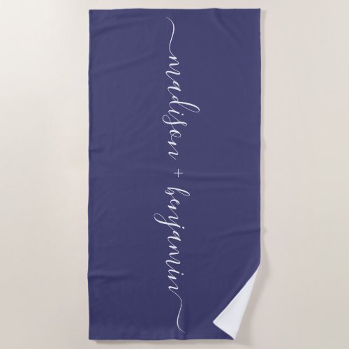 Chic Newlywed Monogram Names Navy Blue Beach Towel