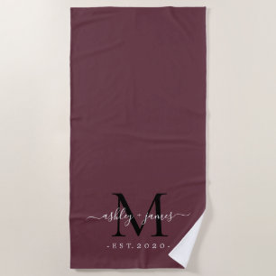 Chic Newlywed Monogram Script Names Burgundy Beach Towel