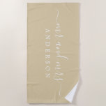 Chic Newlywed Mr Mrs Beige Sand Monogrammed Beach Towel<br><div class="desc">Chic beige sand monogrammed beach towel with the large text Mr and Mrs in white elegant script. The color ancestral gold is used for this luxurious beach towel you can customize with your married name. Perfect gift for the newlywed couple. Exclusively designed for you by Happy Dolphin Studio.</div>