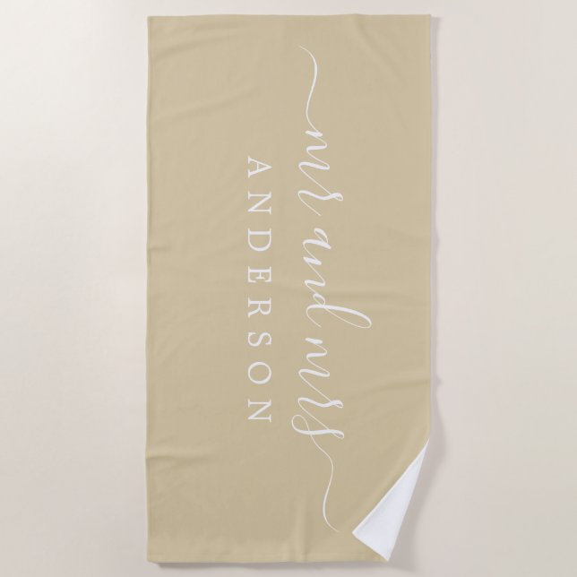 Chic Newlywed Mr Mrs Beige Sand Monogrammed Beach Towel (Front)