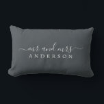 Chic Newlywed Mr Mrs Black White Monogram Lumbar Pillow<br><div class="desc">Chic, modern monogrammed black and white pillow with the text Mr and Mrs in white elegant script. Simply add your married name. The off-black color black forest is used for this stylish design. Perfect luxury gift for the newlywed couple. Exclusively designed for you by Happy Dolphin Studio. If you need...</div>