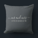 Chic Newlywed Mr Mrs Black White Monogram Throw Pillow<br><div class="desc">Chic, modern monogrammed black and white pillow with the text Mr and Mrs in white elegant script. Simply add your married name. The off-black color black forest is used for this stylish design. Perfect luxury gift for the newlywed couple. Exclusively designed for you by Happy Dolphin Studio. If you need...</div>