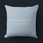 Chic Newlywed Mr Mrs Blue Monogram Throw Pillow<br><div class="desc">Chic, modern monogrammed pillow with the text Mr and Mrs in white elegant script on a blue background. The color rendez vous blue is used for this stylish design. Simply add your married name. Perfect gift for the newlywed couple. Exclusively designed for you by Happy Dolphin Studio. If you need...</div>