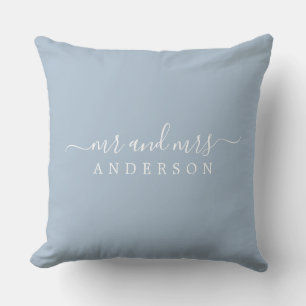 Chic Newlywed Mr Mrs Blue Monogram Throw Pillow
