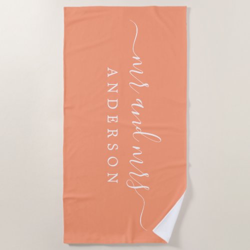 Chic Newlywed Mr Mrs Bright Orange Monogrammed Beach Towel